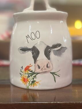 Rae Dunn White Ceramic Cow Canister with Floral Accent